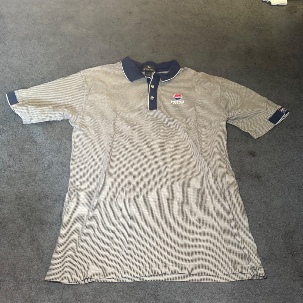 Antigua Pepsi Hawaii PBG Polo Shirt Mens Large L Navy White Micro Check Cotton